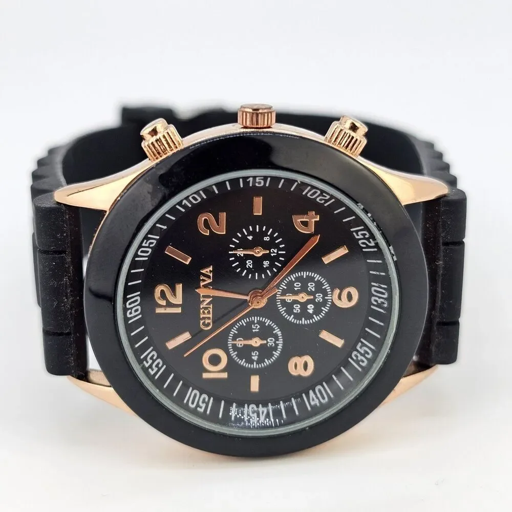 38MM Women's Watch Analog 38MM Black Dial Gold Case Black Plastic Bands New Batt